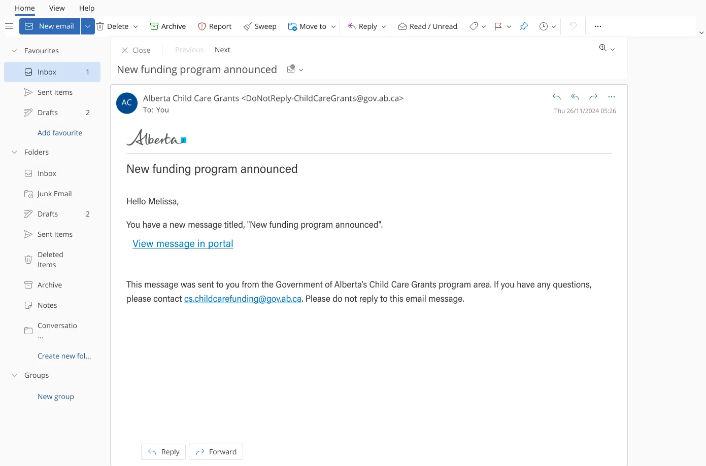 The email prompts the operator to sign in and read the message.