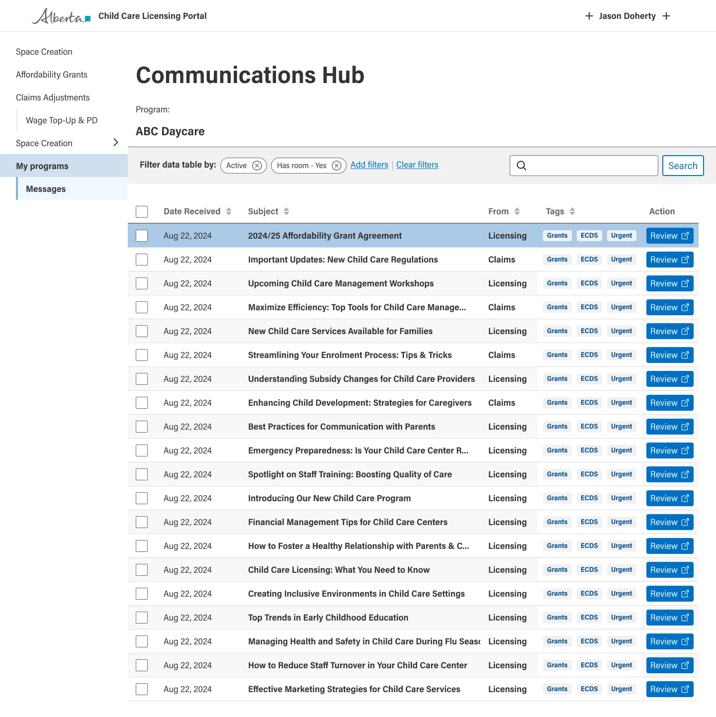 Communications Hub message list in the Alberta Child Care Licensing Portal.