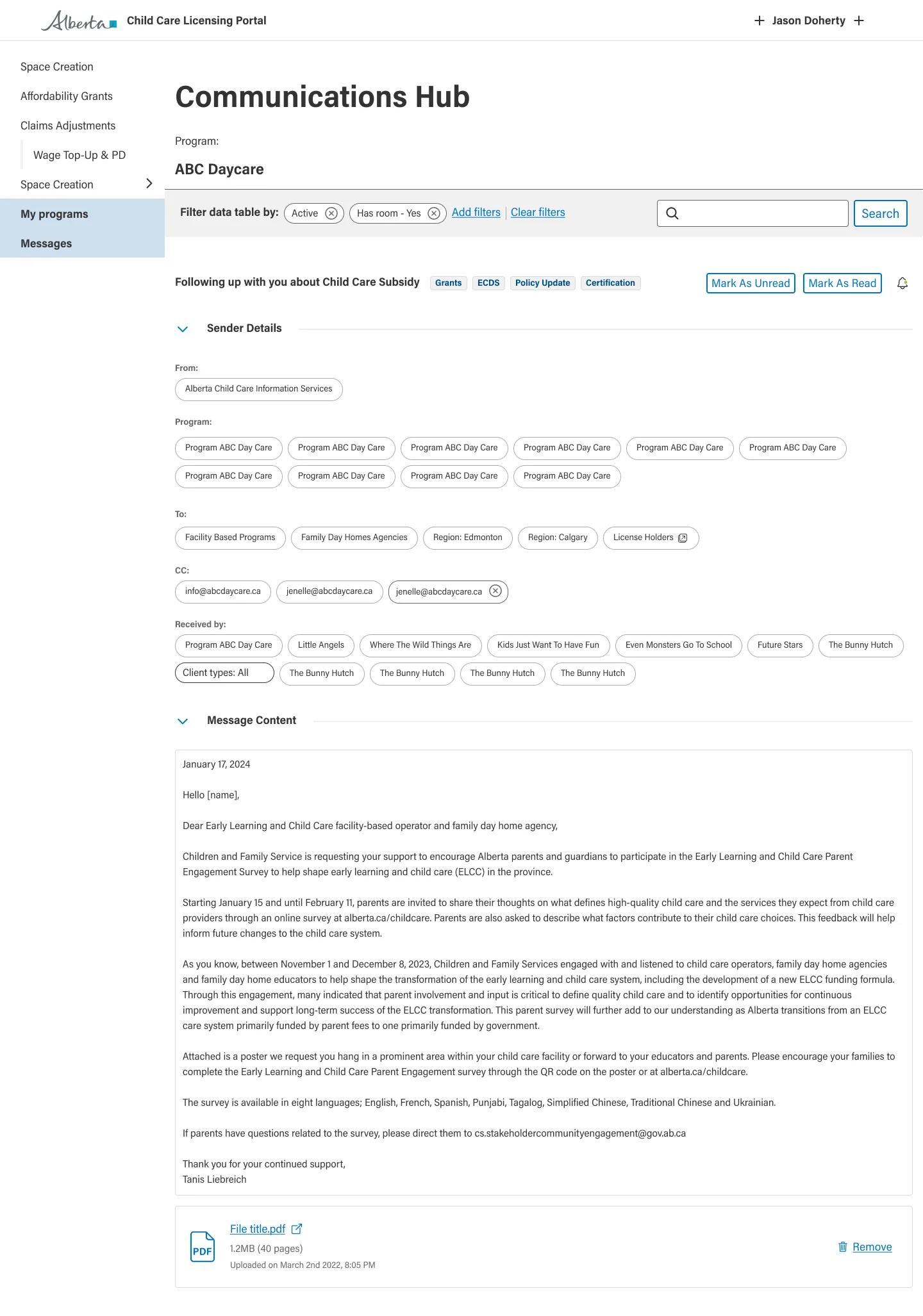 A message shows sender details, recipients and full content, with attachments.