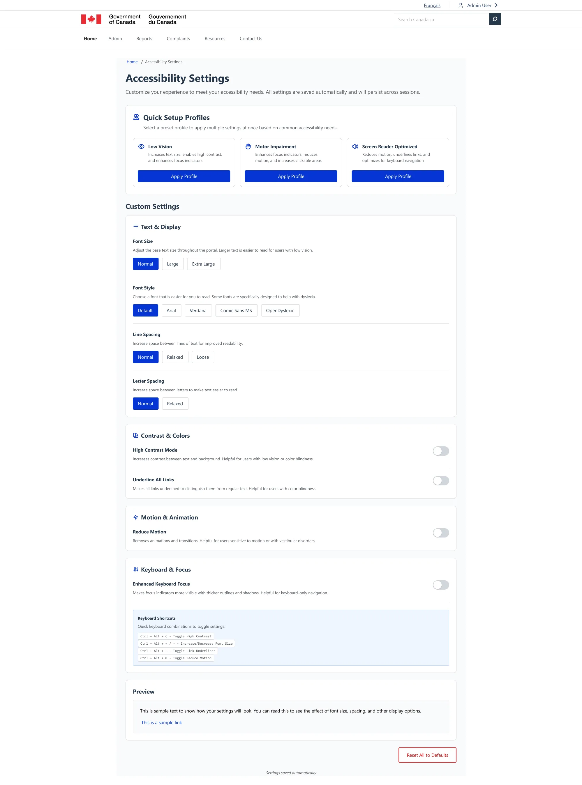 Quick-setup profiles for low vision, motor impairment and screen-reader use, plus custom controls for font, spacing, contrast, motion and keyboard focus.