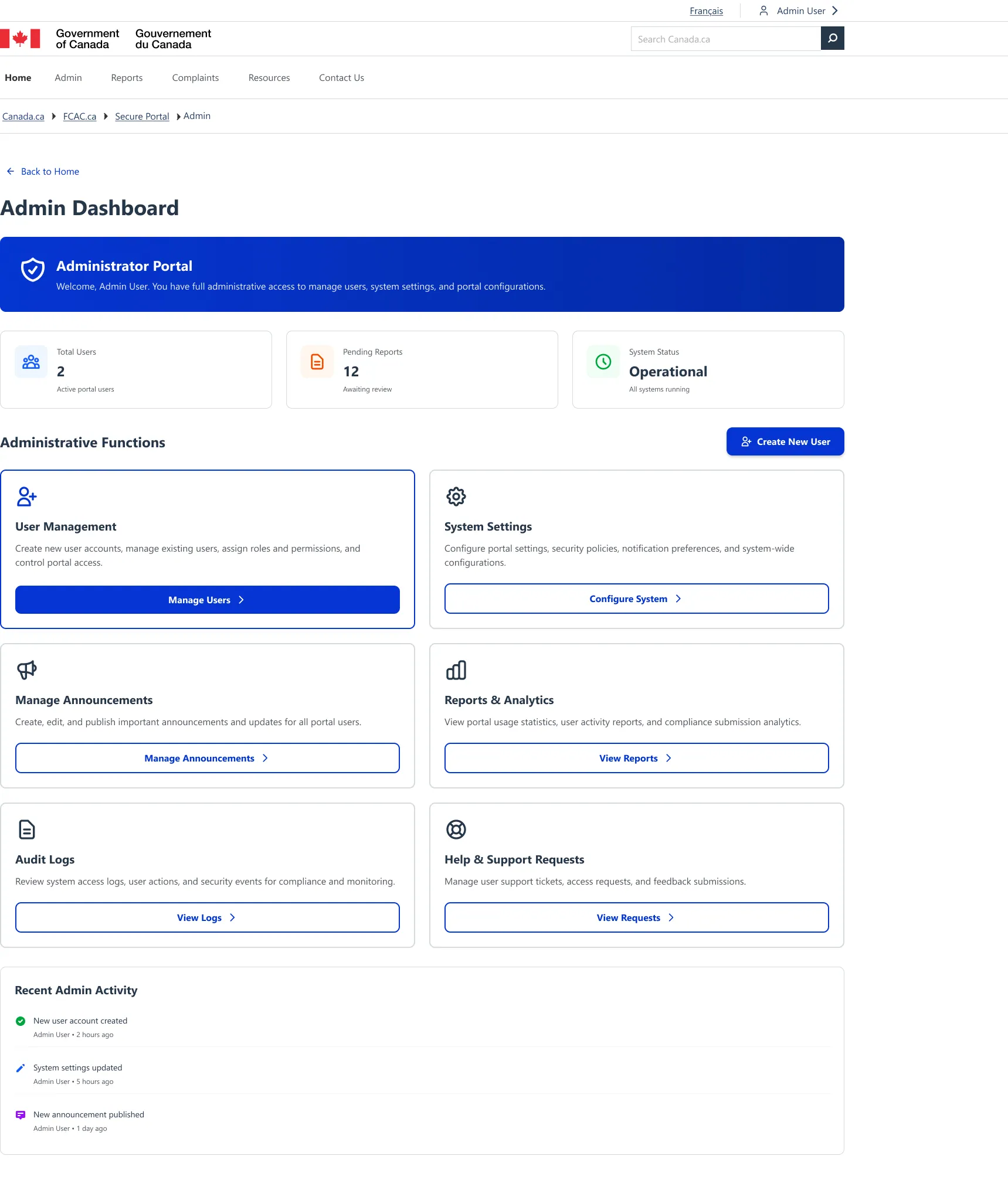 Portal indicators and six administrative functions: user management, system settings, announcements, reports and analytics, audit logs, and support requests.