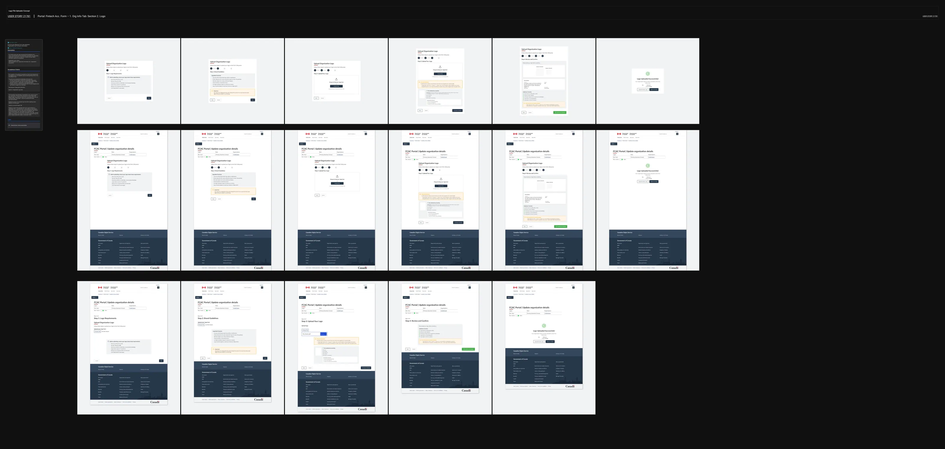 Early concept screens and flow variations for the user story, collected on one board.
