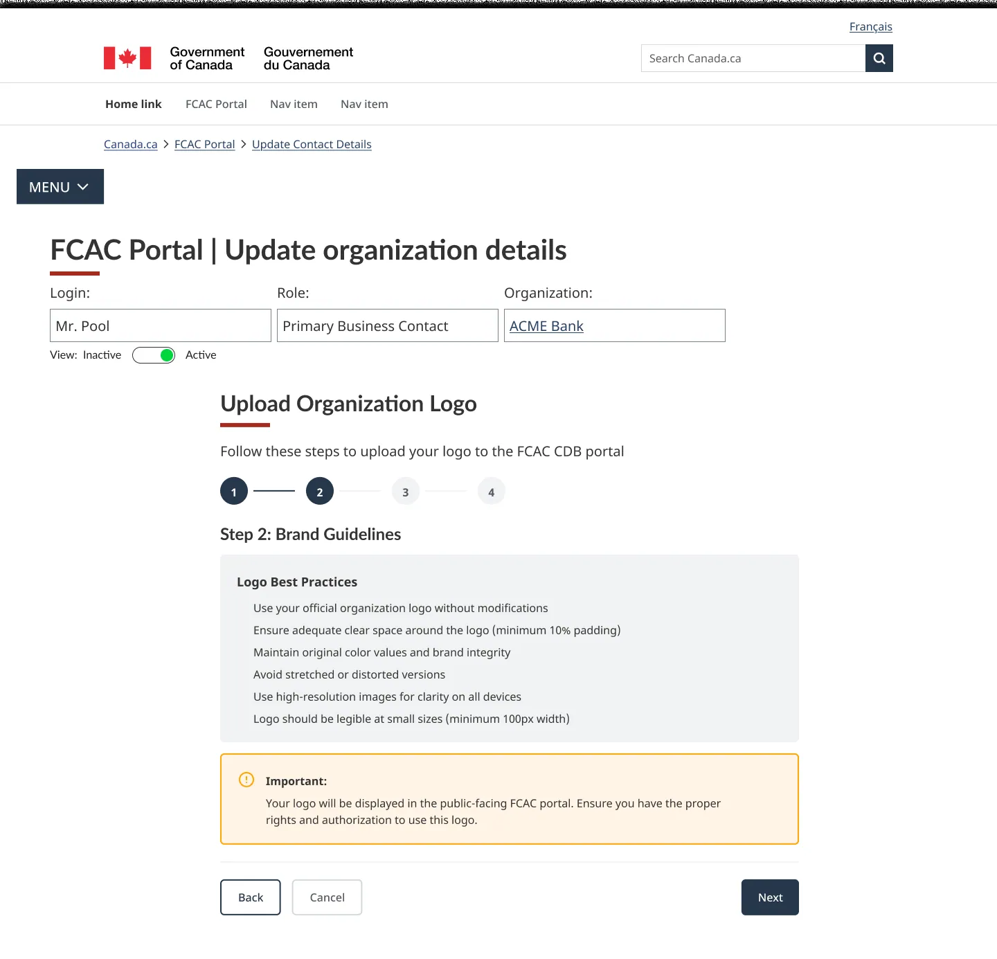 Logo best practices, plus a notice that the logo will appear on the public-facing portal.