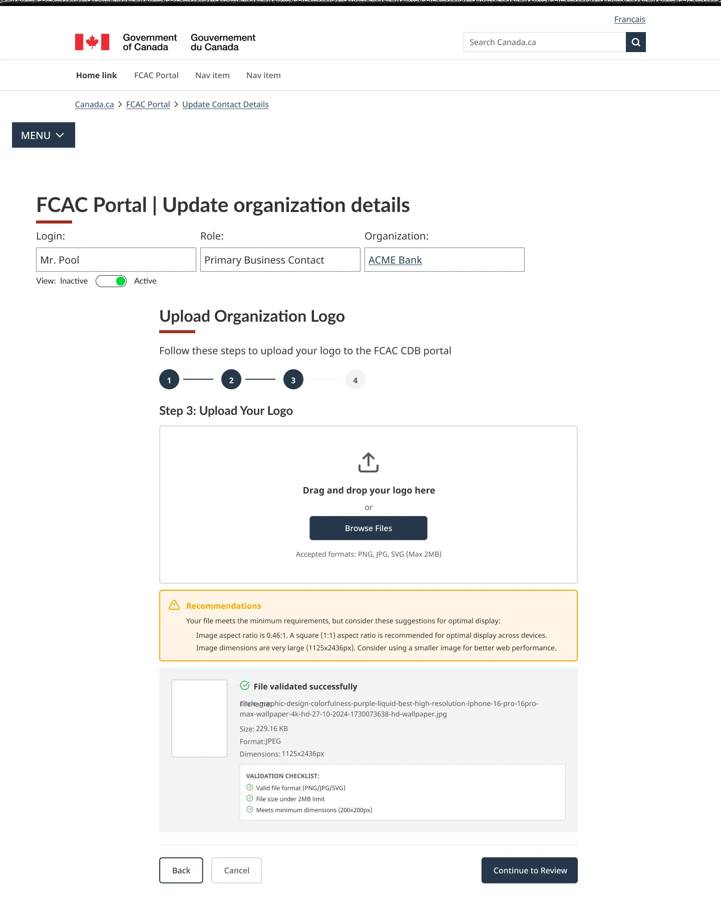 The chosen file is checked against a validation list. Recommendations, such as aspect ratio and very large dimensions, are shown without blocking the user.