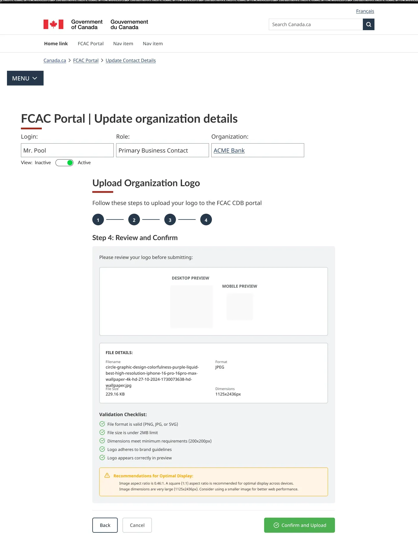 Desktop and mobile previews, file details, a validation checklist and recommendations before the user confirms the upload.