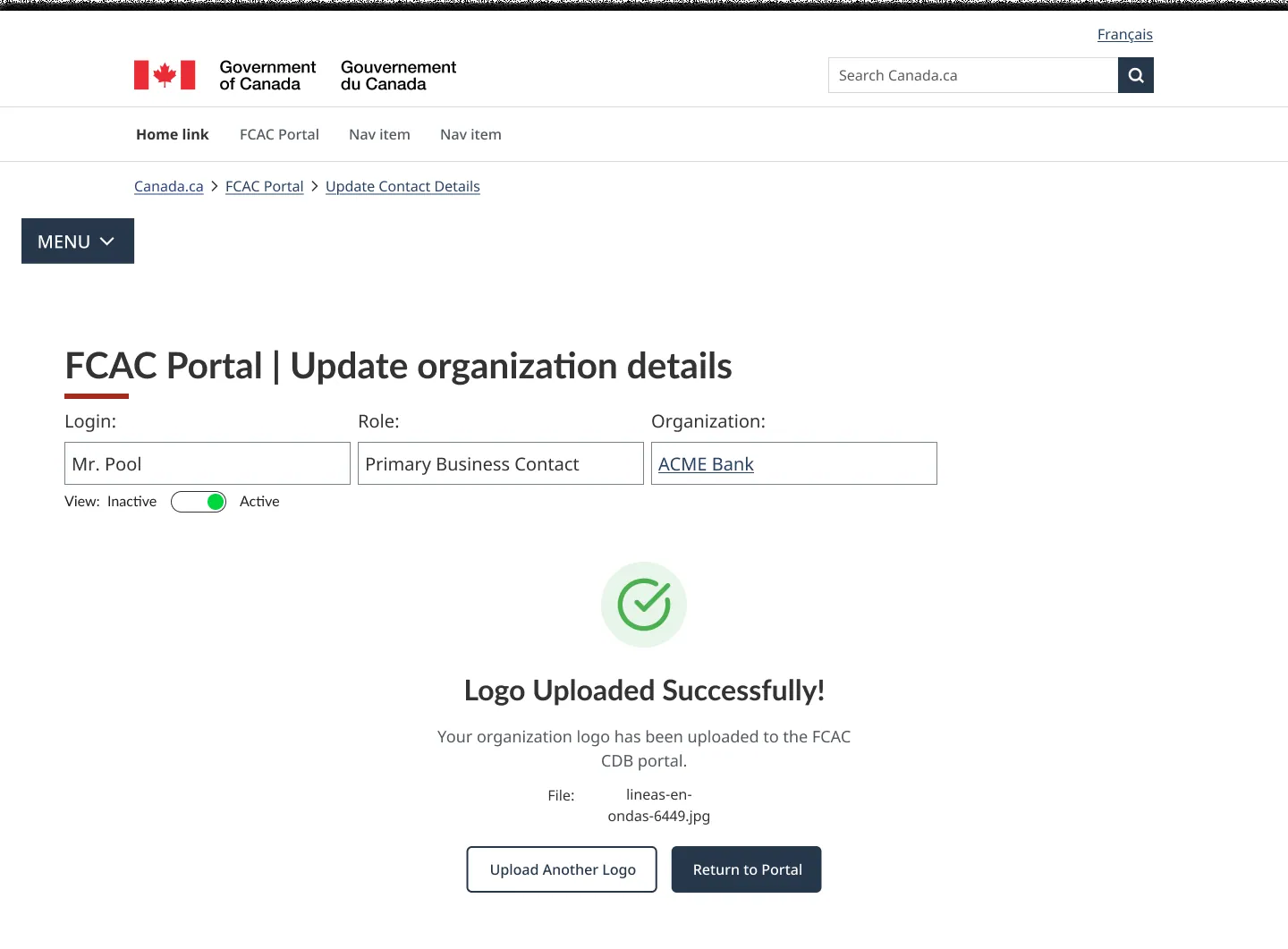 A success state with the uploaded file name and clear next actions: upload another logo or return to the portal.