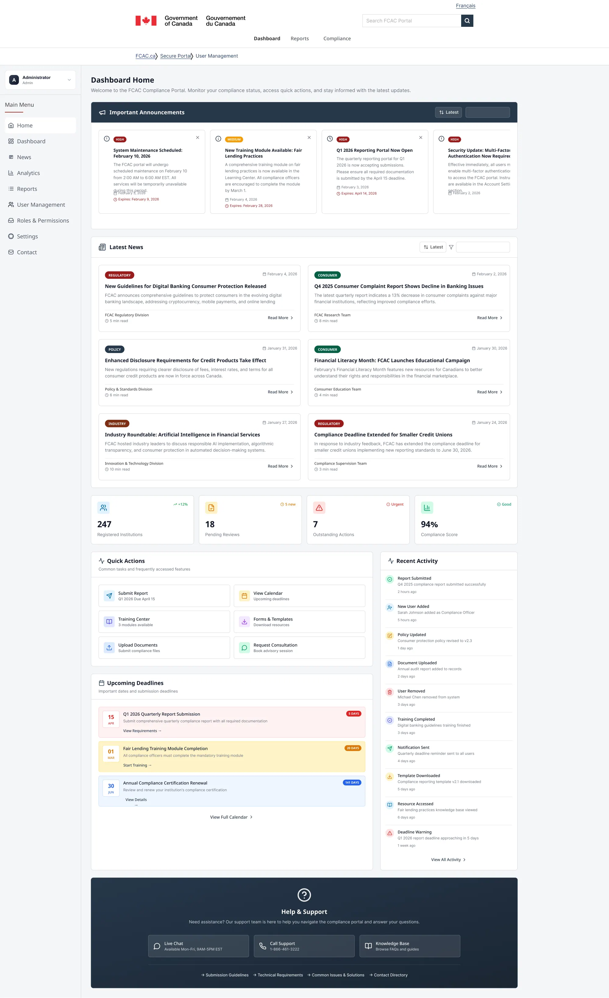 A second home pattern with a sidebar: announcements, latest news, key indicators, quick actions, upcoming deadlines and recent activity.