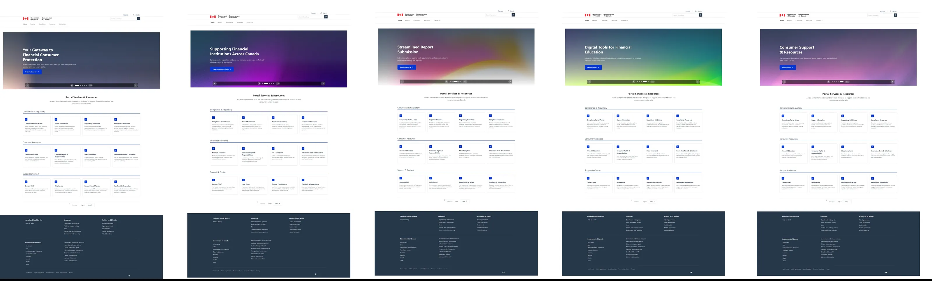 Five hero directions for the portal landing page, each paired with the same service categories and consumer resources.