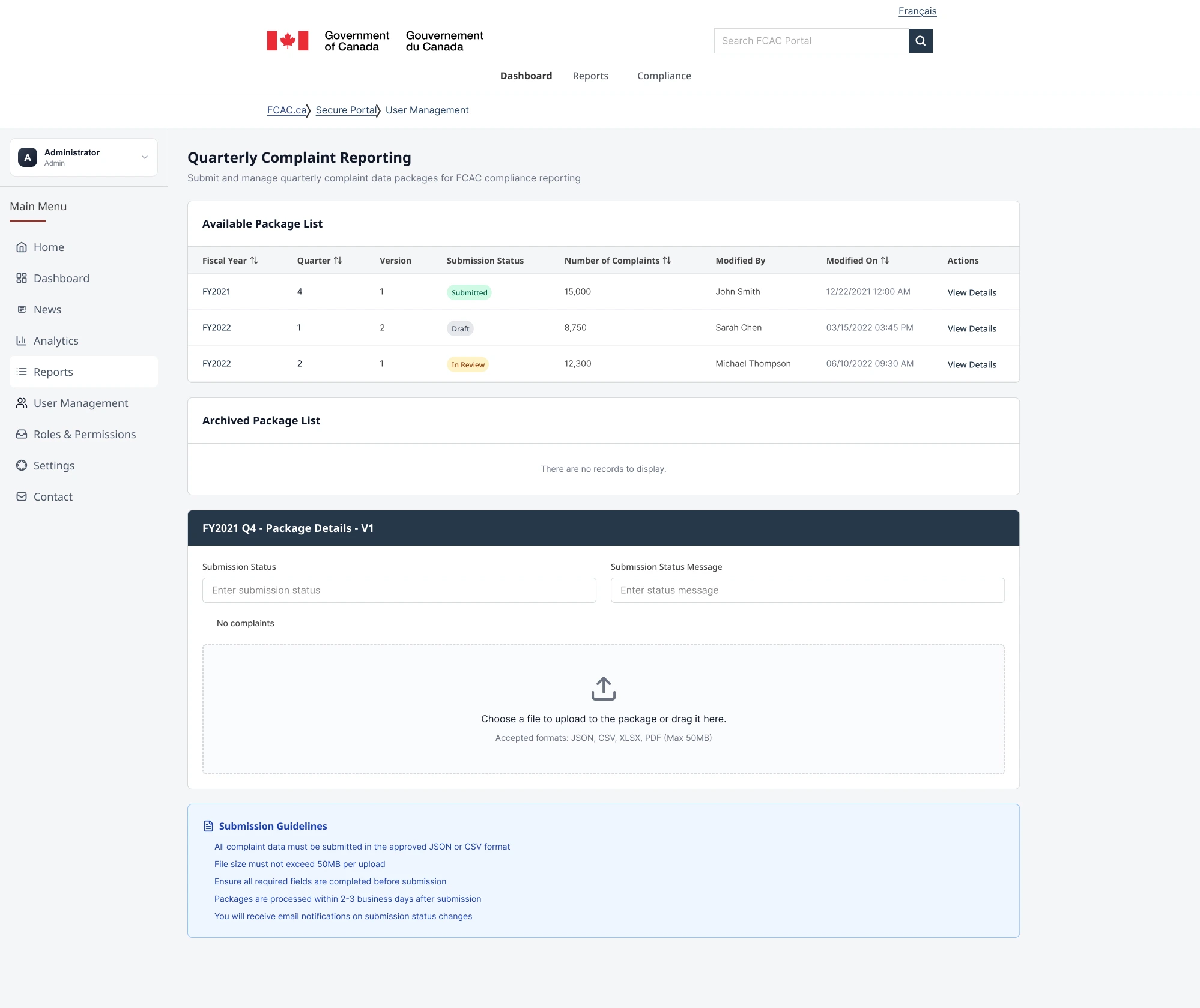 The reporting view brings submission status and reporting tasks into one workspace.