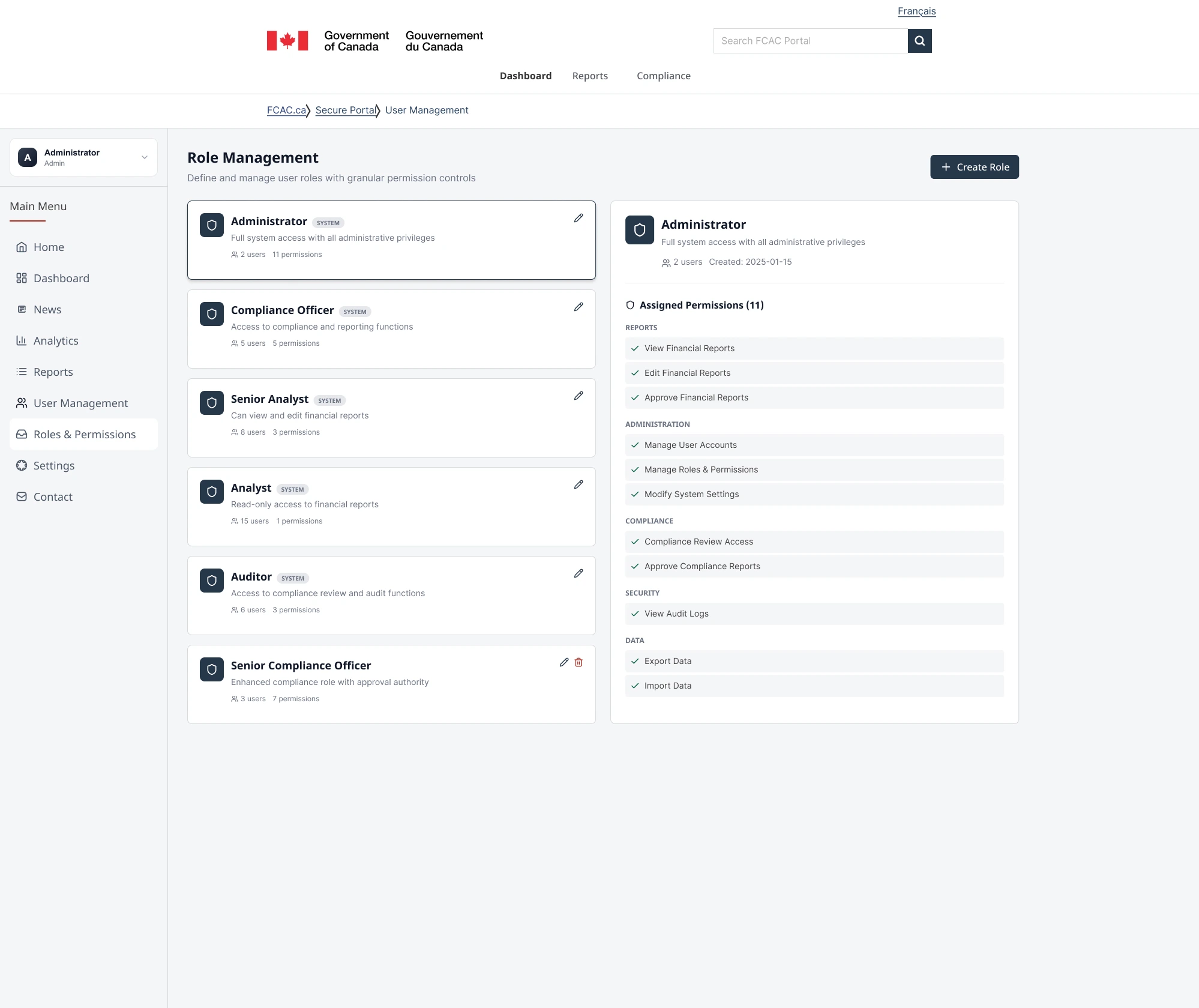 Selecting a role reveals its assigned permissions, grouped by function.