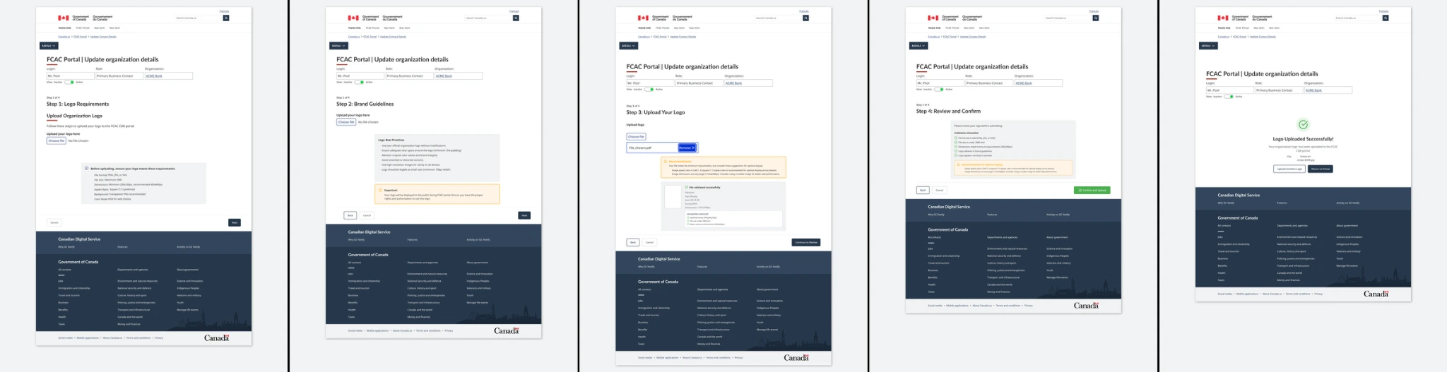 The sequence shows the upload interaction across selection, feedback, progress, and completion states.