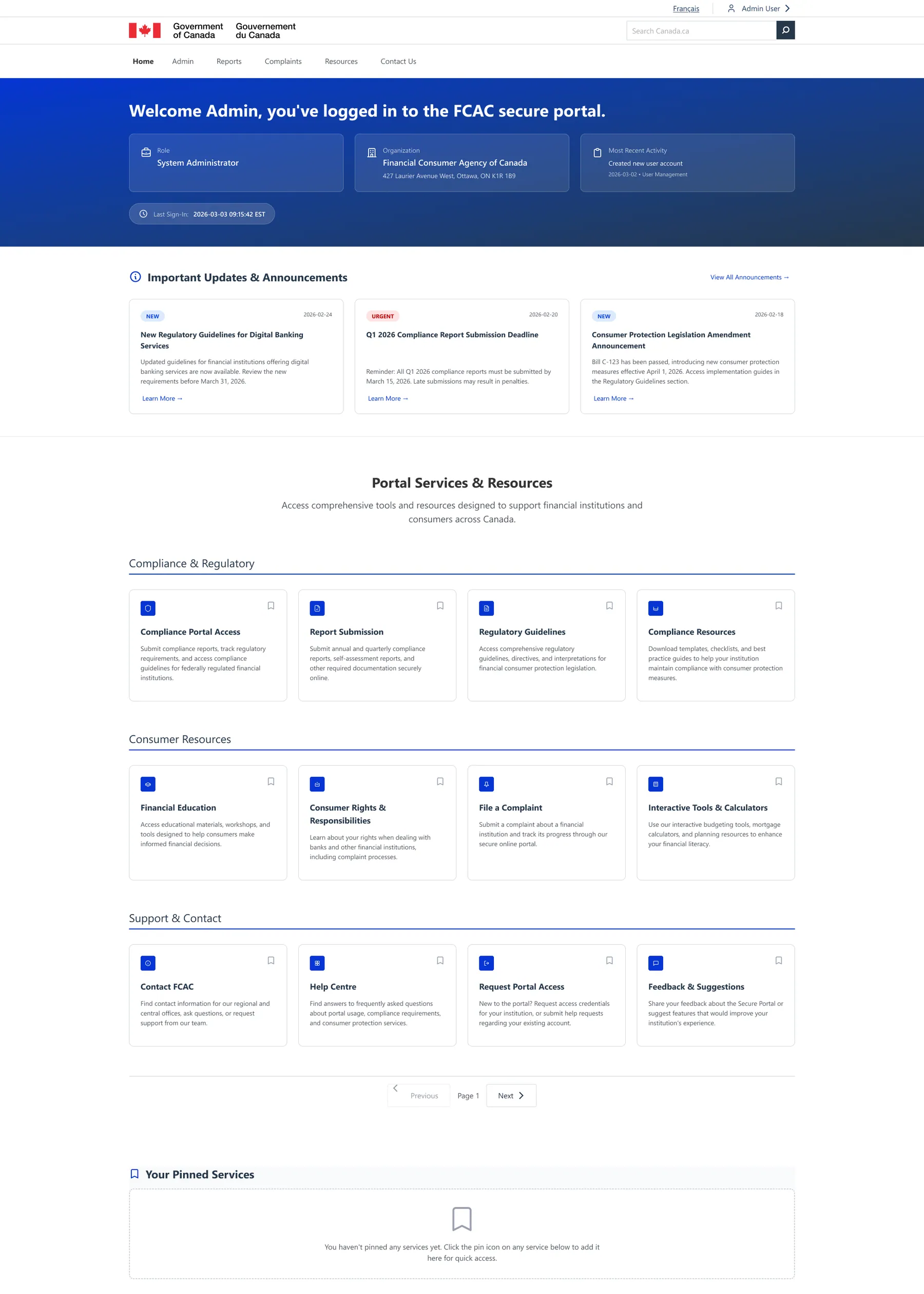 A signed-in home showing role, organization and recent activity, important announcements, and services grouped as compliance and regulatory, consumer resources, and support and contact.