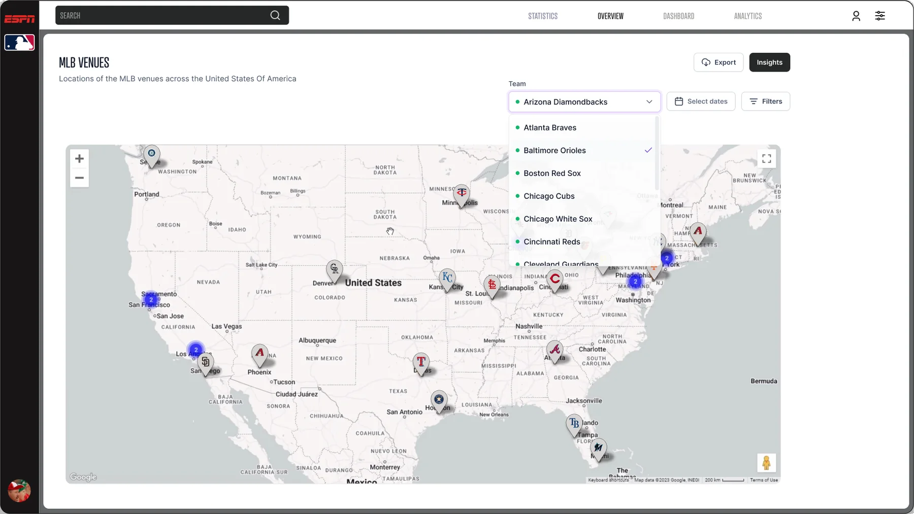 Team venues on a map of the United States, with team, date and filter controls and export and insights actions.