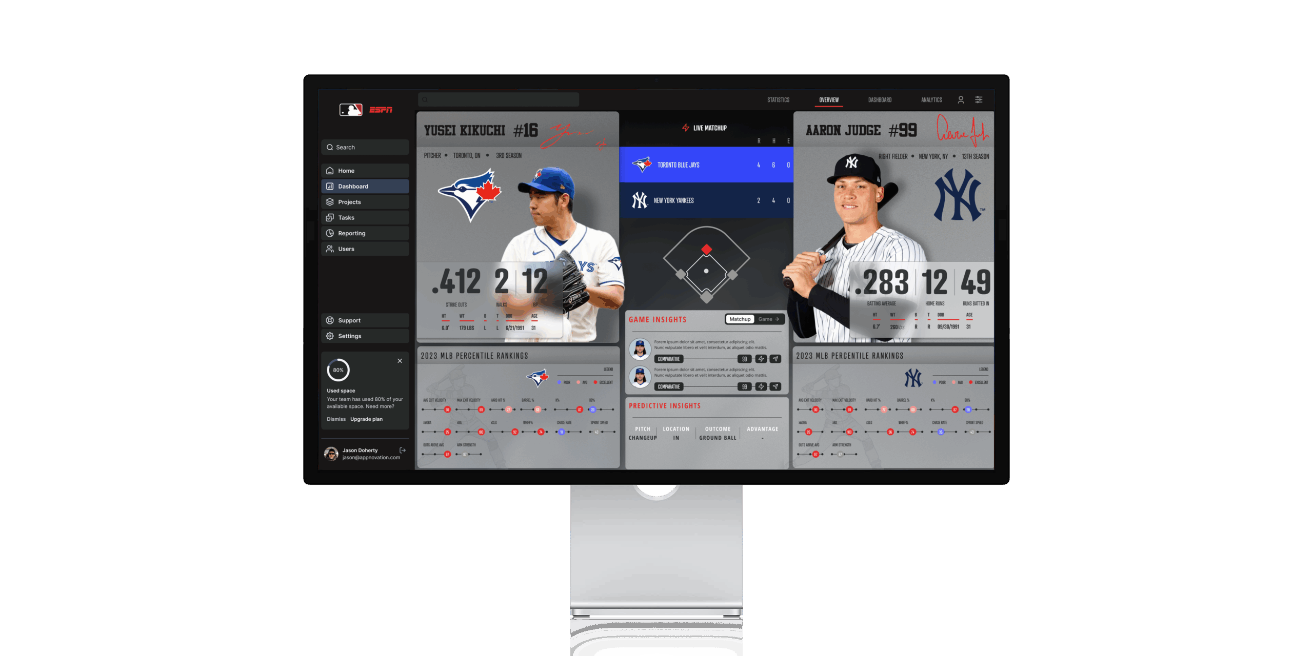 Desktop sports analytics dashboard designs for ESPN and MLB using Google Looker.