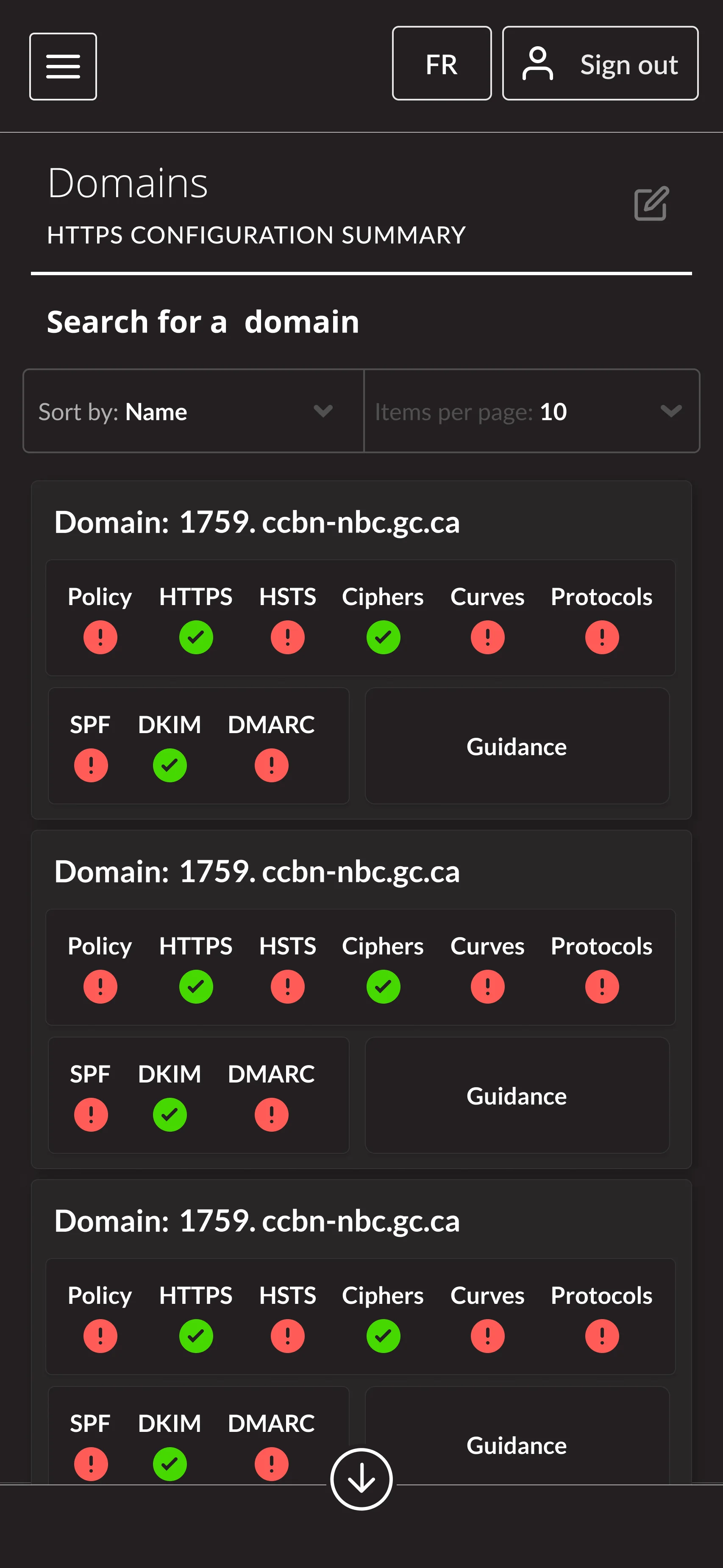 Sort by and items-per-page controls sit above the domain cards, with a search field and a clear page title and summary label.