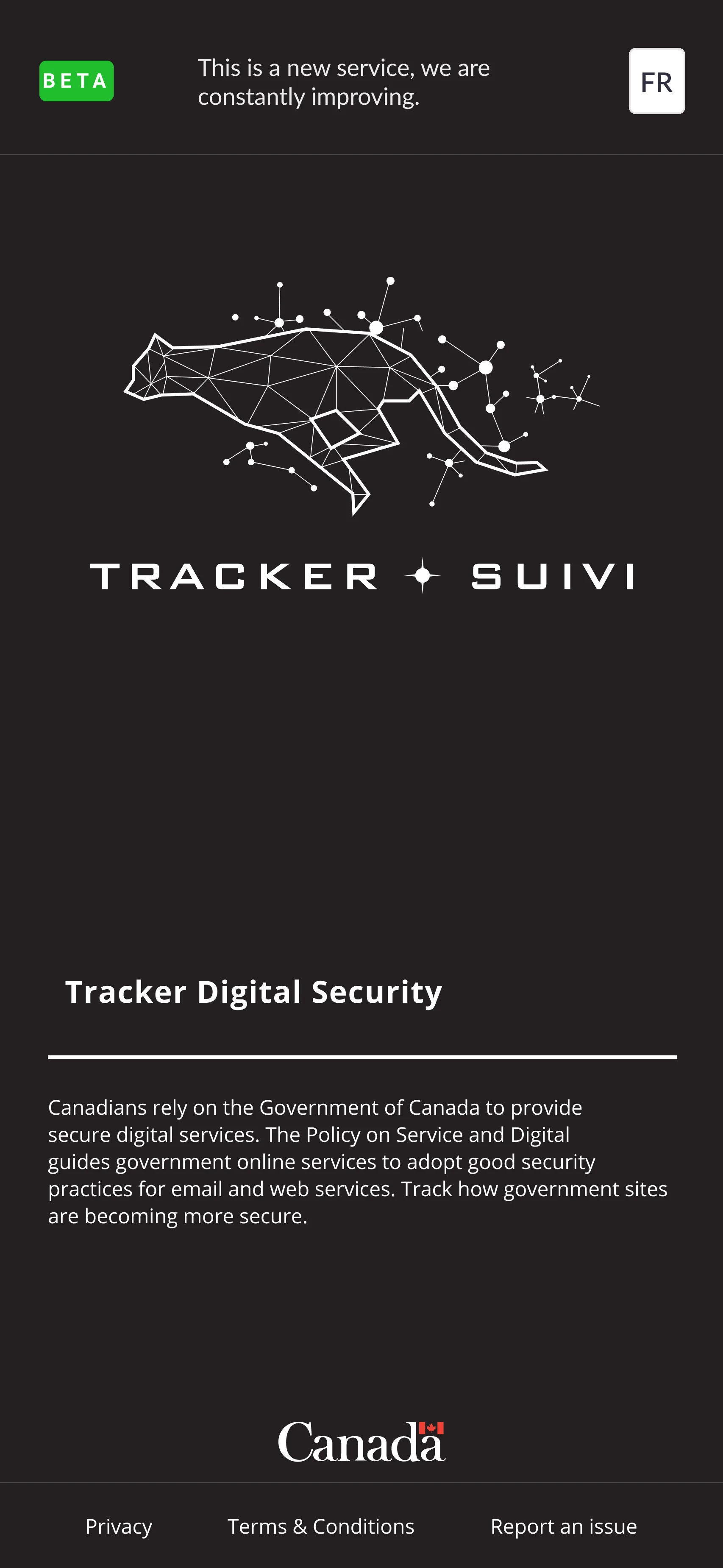 The dark mobile landing screen: a beta banner, the Tracker Suivi brand, a short policy description and Privacy, Terms and Report an issue links in the footer.