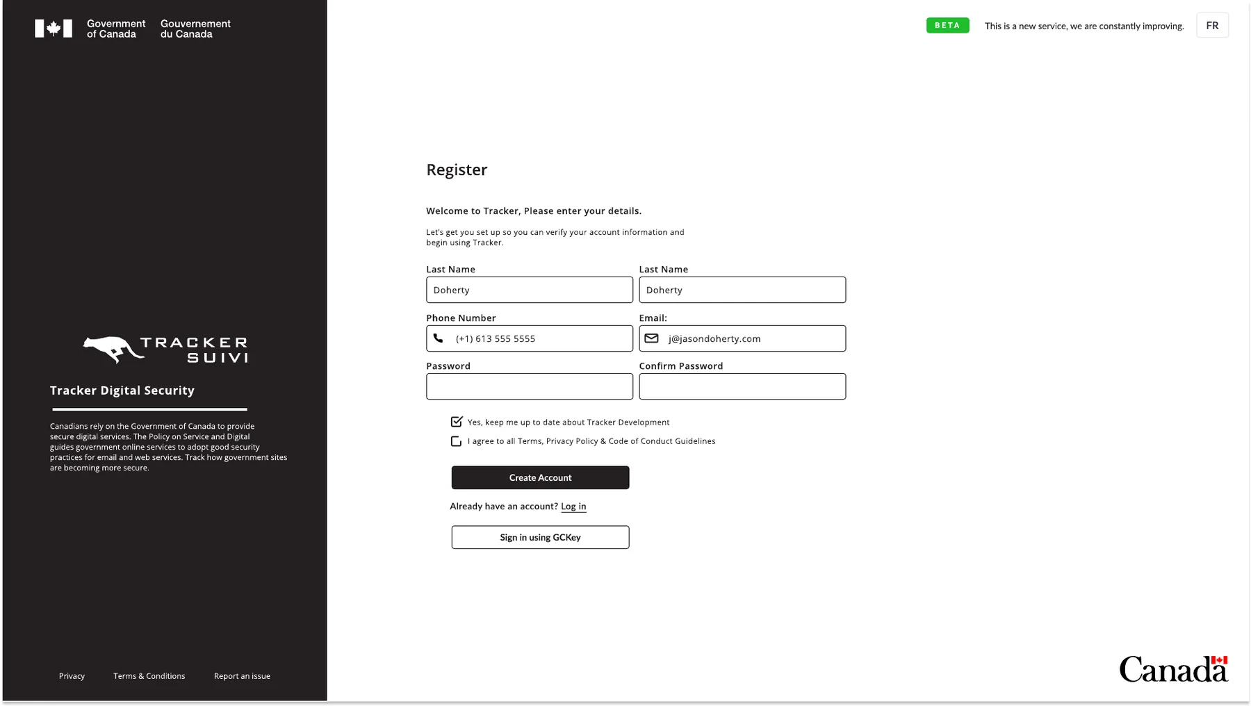 Create an account with name, phone, email and password, with options to stay informed and agree to the terms.