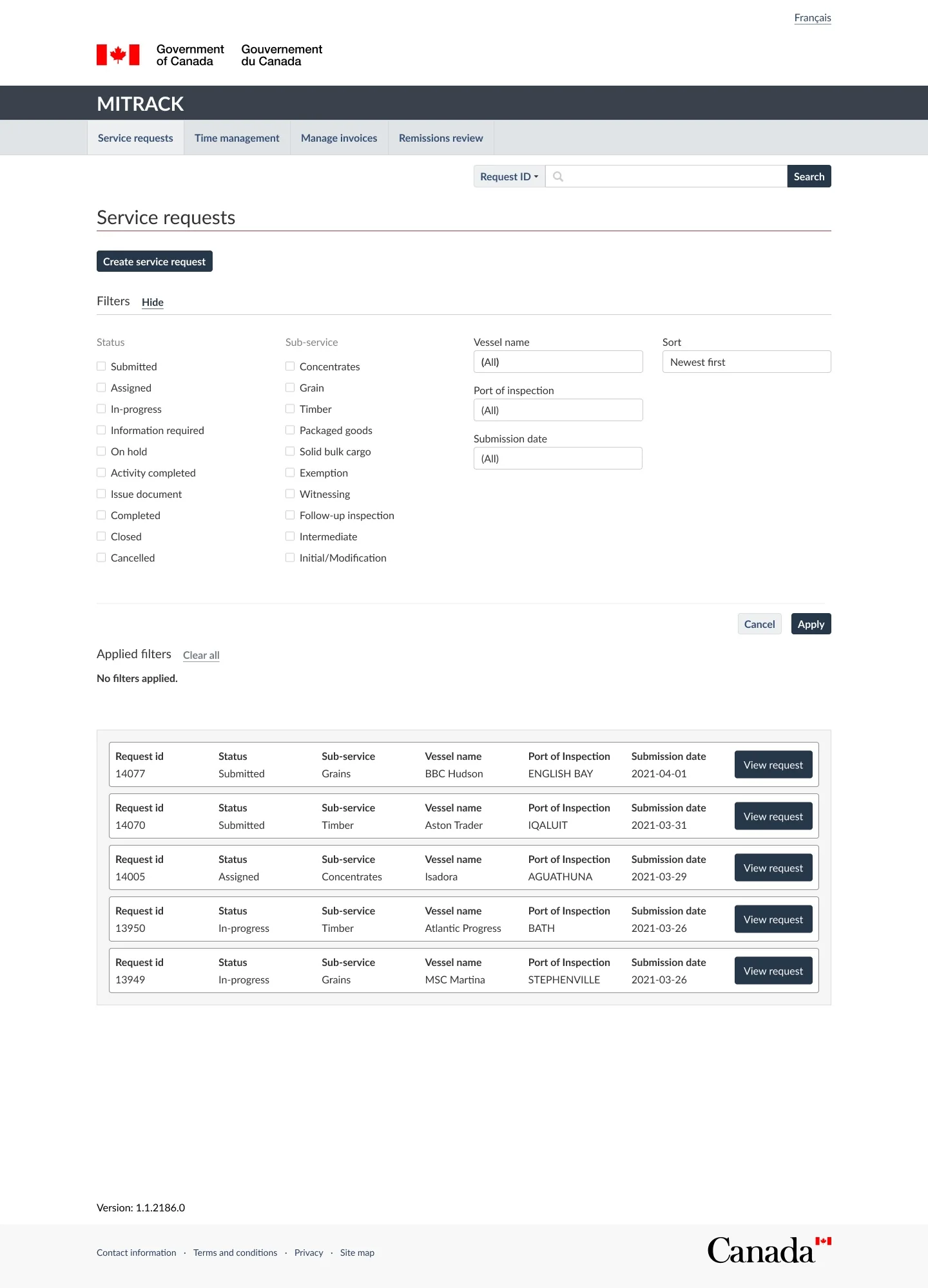 Status, sub-service, vessel name, port of inspection, submission date and sort options sit in an expandable panel with Cancel and Apply.