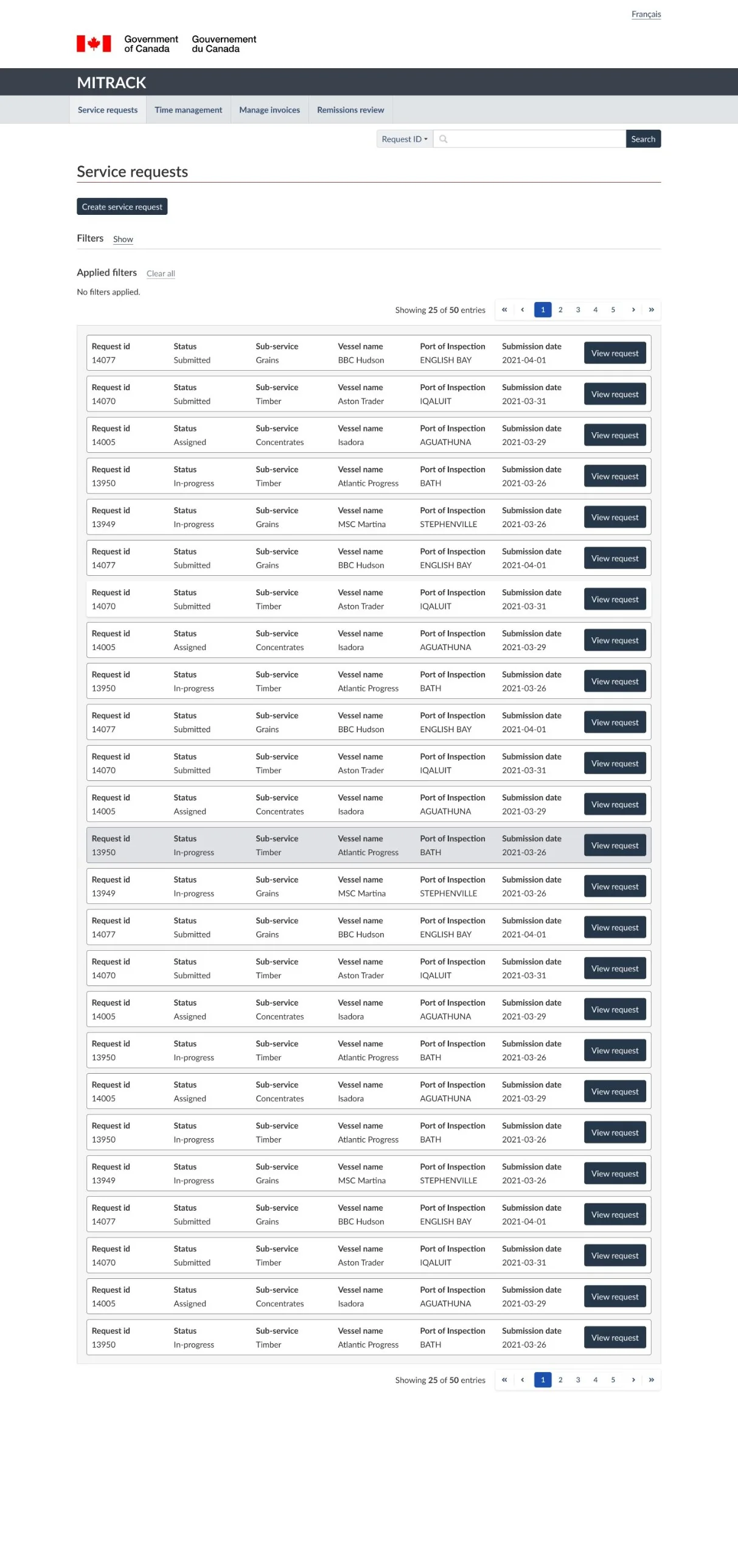 Showing 25 of 50 entries, with page controls above and below the list.