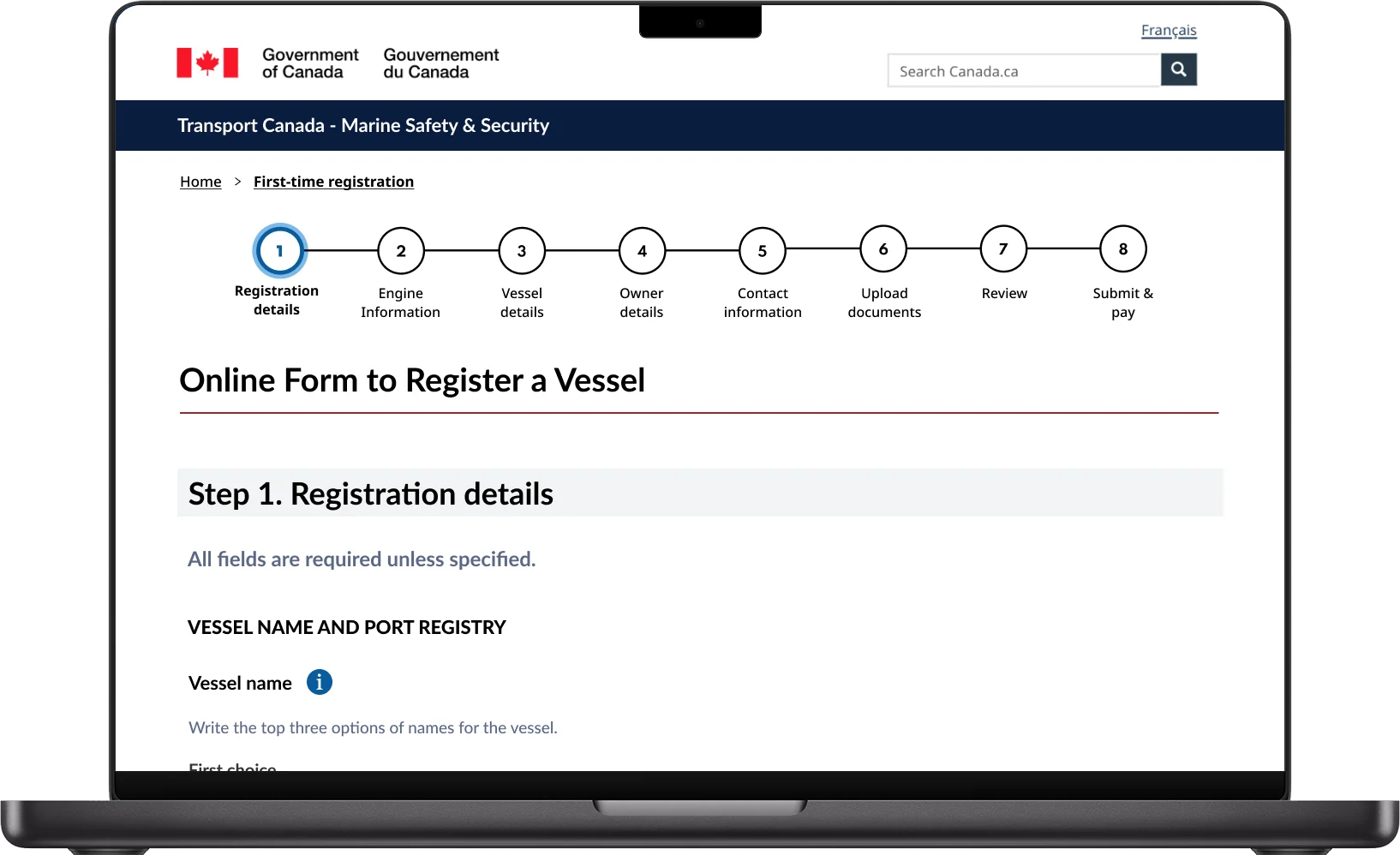 Step 1, registration details, with an eight-step progress indicator from registration details to submit and pay.