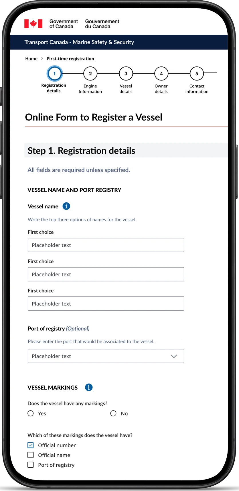 The same step on a phone, with vessel name options, port of registry and vessel markings.