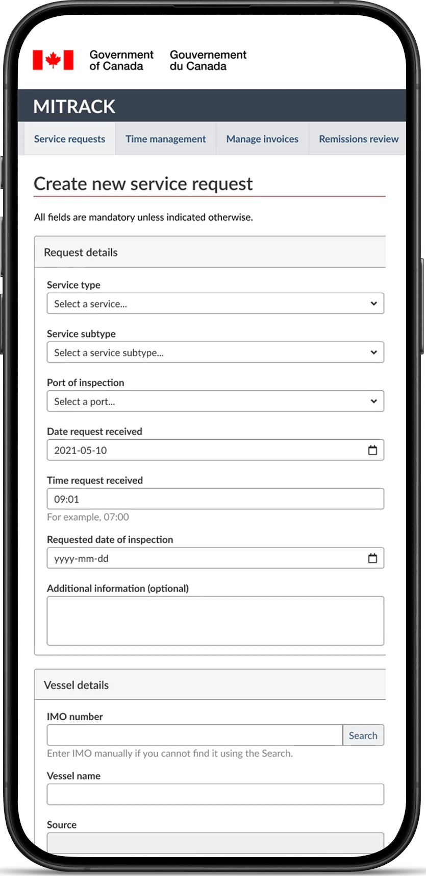 Request and vessel details in a mobile form, with an IMO number search.