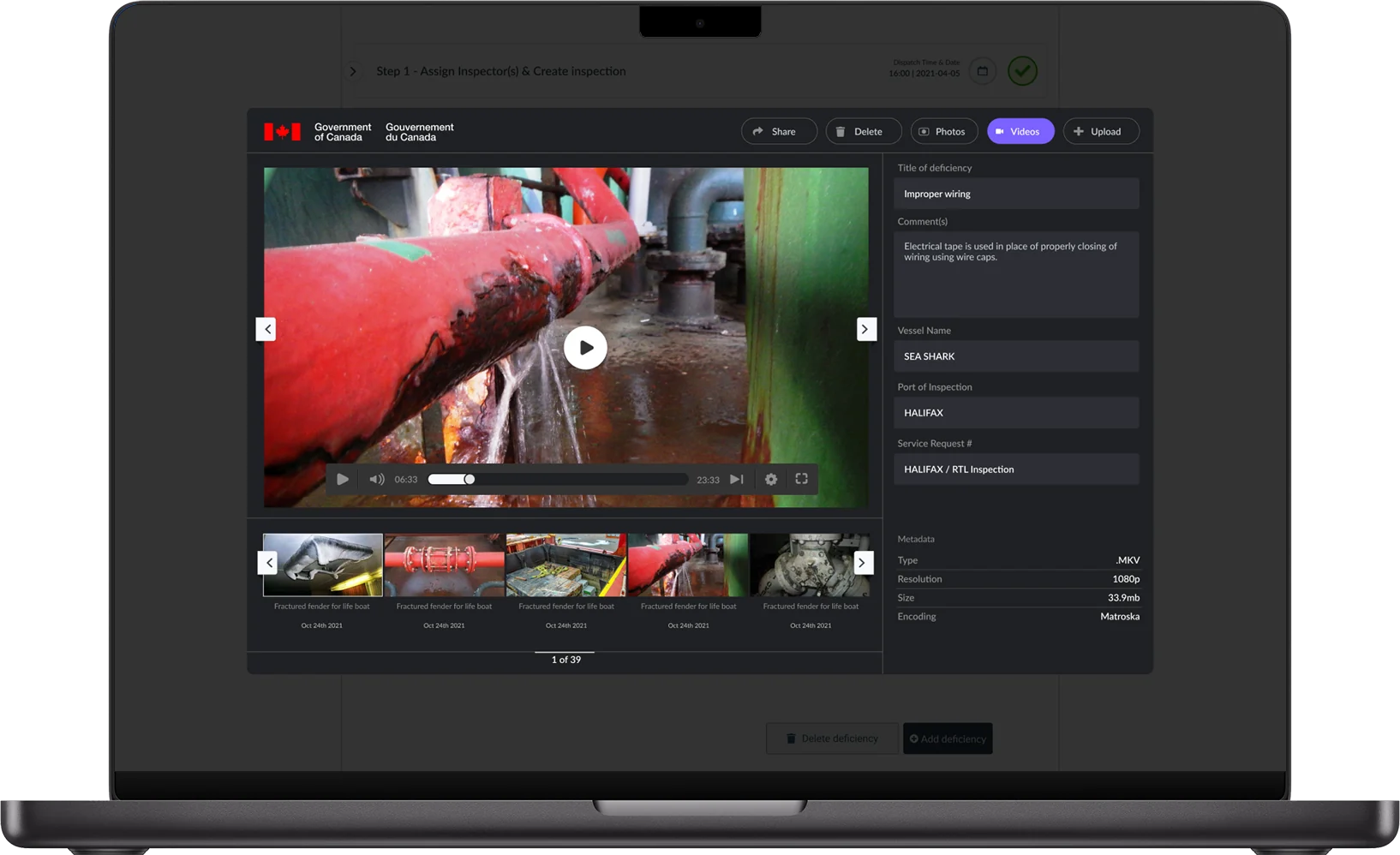 A viewer for photos and videos, with the deficiency title, comments, vessel, port, service request and file metadata beside it.