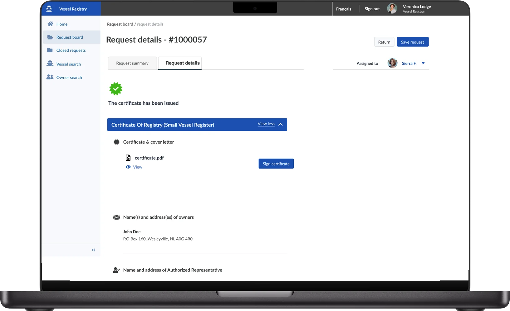 Once the request is complete, the certificate of registry can be viewed and signed, with owner and representative details below.