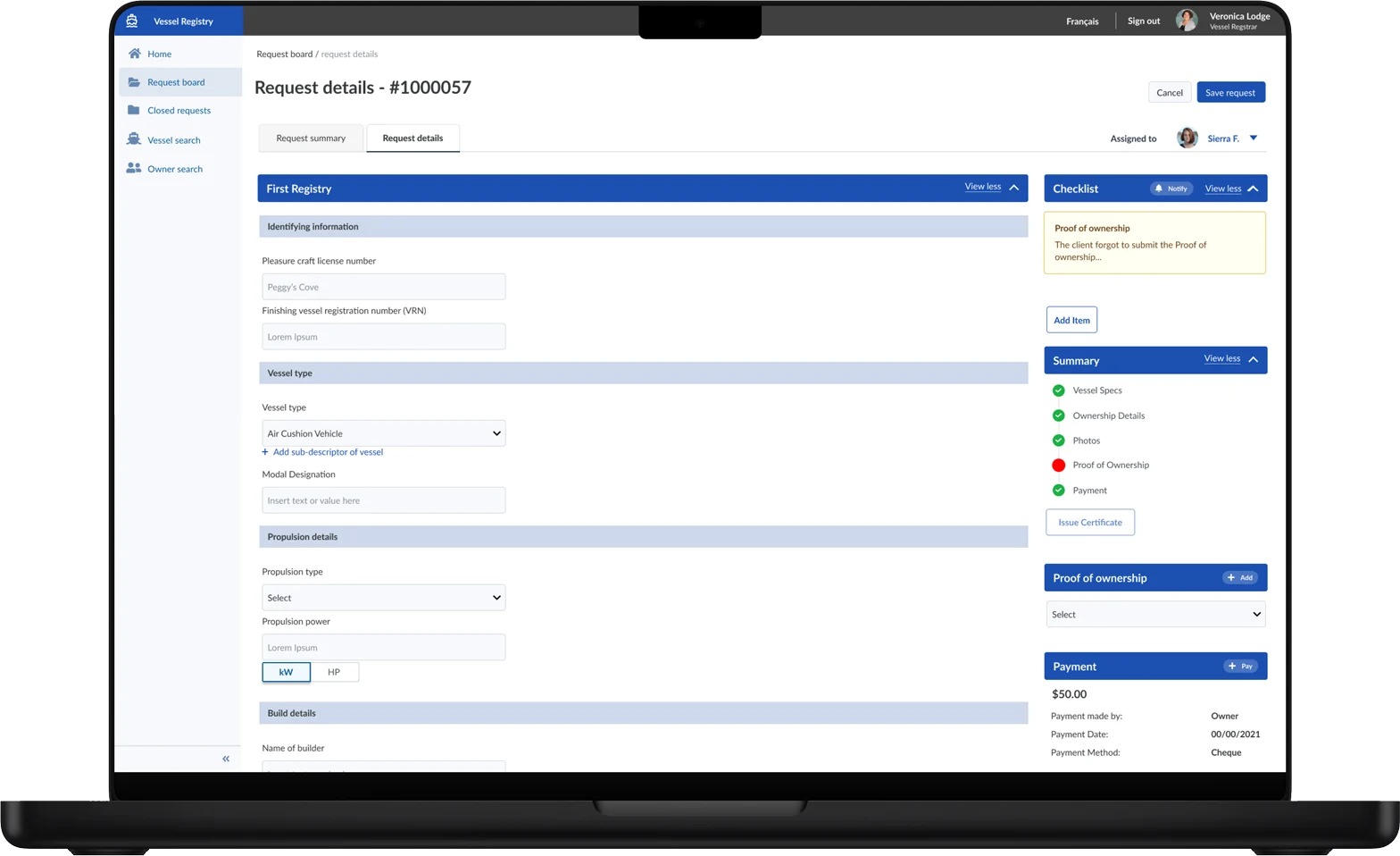 Vessel Registry request details screen with checklist, summary and payment panels.